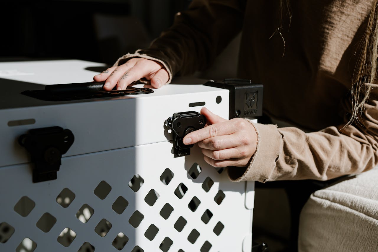 Services Hands securing a durable white dog crate, emphasizing pet safety and home lifestyle.